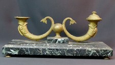 AA 1870 grand encrier marbre vert décor dauphins bronze 37cm6.5kg double godet 
