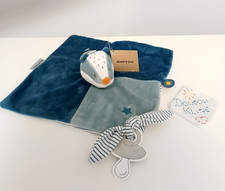 Doudou Plat/Mouchoir Félix Blaireau Bleu Blanc Rayé Étoile Attache Tétine Nattou