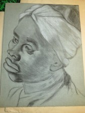 Ecole FRANCAISE XIX DESSIN PIERRE NOIRE PORTRAIT HOMME NOIR AFRIQUE TURBAN 1870