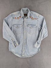 Chemise Jean Brodé Fleurs Vintage 90s Charro Femme S Bleu Lightwash Pression