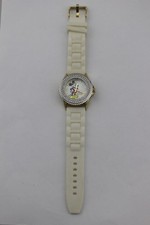 DISNEY Mickey Mouse MZB Ivory Off-White Rubber Band Rhinestone Crystal Watch