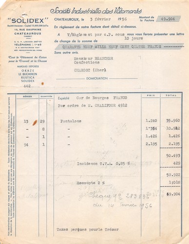 Facture 1956 solidex - ,