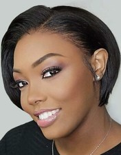 Perruque Naturelle Lisse Noir Courte Wig Femme Dentelle 13x1 Frontal +Cadeau