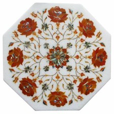 12 " Marbre Blanc Coin Table Top Demi Précieux Stones Incrustation Artisanat