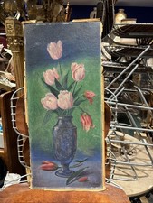 ancien tableau huile sur toile nature morte bouquet de fleurs signé