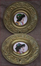 Pair Vienna Porcelain Portrait Cabinet Plate Embossed Brass Frame 1890