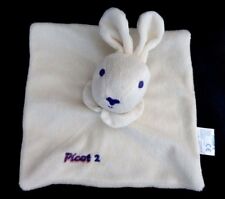 *. DOUDOU PLAT PICOT 2 LAPIN ECRU BLANC COL BLANC BRODERIE BLEU ETAT NEUF*