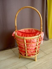 TRAVAILLEUSE ROTIN osier TISSU ROSE - Boite Couture Mercerie  rétro vintage 1970