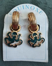 Boucles D’oreille Couture Vintage métal Doré Années 80/90 Pieuvre Verte 