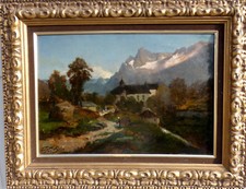 GRAND & MAGNIFIQUE PAYSAGE DE MONTAGNE XIXe...VILLAGE ANIMÉ DES ALPES...SIGNÉ ?