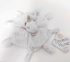 Doudou Plat/Mouchoir Carré Licorne Blanc Pois Doré Fourrure  Doudou Et Compagnie