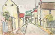 Grande Aquarelle Vintage 1960 Paysage Campagne Village Maison RACHEL LEFLERS