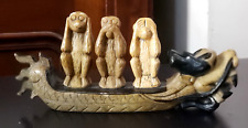 Sculpture 3 petits SINGES de la SAGESSE en PIERRE sur bateau DRAGON Chine Japon