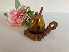 18⚜️ Ancien Petit Pot à Moutarde en Verre et en Bois Vintage