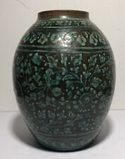 Vase School of Art Pottery Bombay motif floral turquoise et noir