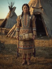 Photo A4 Lakota Sioux – femme en robe perlée devant tipi – 1230