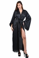 Déshabillé Kimono Long Noir Satiné Sexy Dentelle Manches Chauve-Souris