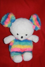 DOUDOU PELUCHE AJENA VINTAGE SOURIS BLEU ROSE JAUNE VERT BLANC ARC EN CIEL 30 cm