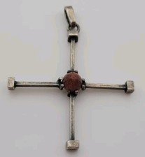 Ancien Pendentif Croix Bizantine Argent Massif Pierre Soleil #AJA# K32