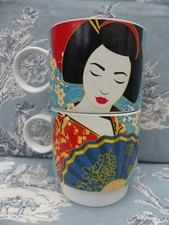 Set 2 gros Mugs porcelaine empilables 'Geisha' bon état ambiance Japon DECO Vint