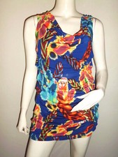 LONGUE TUNIQUE OU ROBE COURTE ESPERANCE PARIS BLEU MOTIF PLUME COLORE T:38