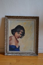 Ancien tableau peinture HST Portrait de femme signé K. Monti circa 1950
