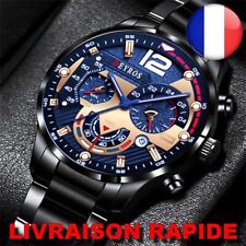 Montre NOIR Luxe Acier Inoxydable Homme Bracelet Quartz Heure Bijoux Fond Bleu
