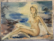 Aquarelle Portrait Jeune Femme sur la Plage Bord de Mer Beauté 55 x 73 cm