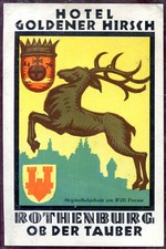 ancienne vignette malle cabine publicité " Hôtel Goldener Hirsch à Rothenburg "