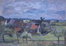 Vue gouache d'un bord de village EN VERT vintage milieu du siècle anonyme