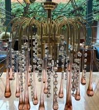 Lustre italien 3 feux avec pampilles de verre rose en forme de goutte d'eau