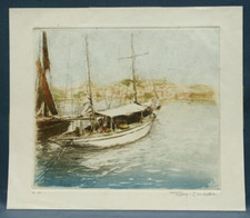 Eau forte originale Tony Cardella vers 1930 épreuve d'artiste Marine Bateaux