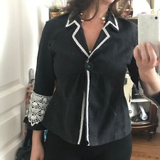 Veste Noire Lin Coton Manches 3/4 Dentelle vintage 38/40 Pièce Unique Up Cycling