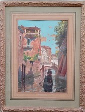 Gouache école italienne fin XIXe début XXe siècle " vue d'un canal à Venise "