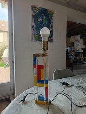 pied de lampe style Mondrian vintage, plexiglass-bois-laiton