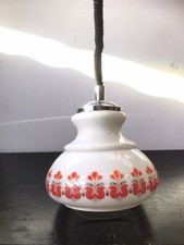 Suspension Ancienne Opaline Blanc Monte & Baisse Décor Années 70 Vintage #D080