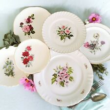Six Mismatched 1950s Floral Transferware Plates. Shabby Chic Roses Vintage China