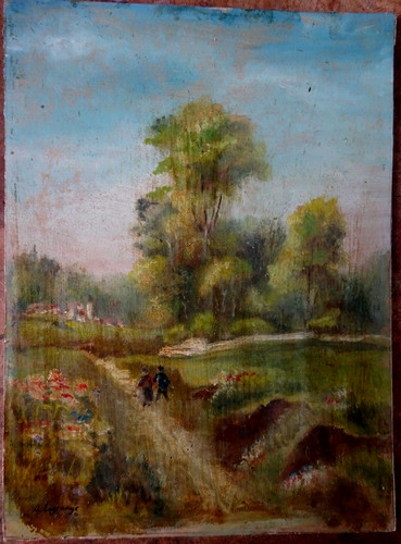 Huile ancienne paysage animé - huile,