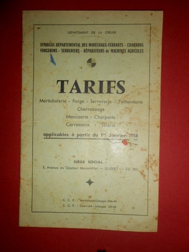 Tarifs maréchalerie forge