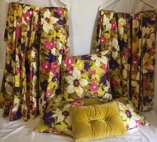 VINTAGE 60s Lined Drapes & Pillows POP ART FLORAL Mid Century Modern