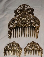 Parure 3 peignes mantille espagnole ajourés en Laiton doré XIXe  #L#
