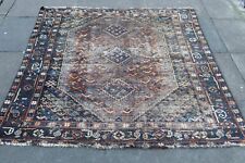 Ancien Worn Main Fabriqué Traditionnel Oriental Laine Bleu Brun Grand 180x140cm