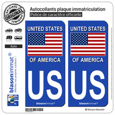 2 Stickers autocollant plaque immatriculation : US Etats-Unis - Drapeau