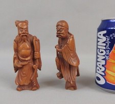 2 small antique chinese or japanese carved wood figures figurines statues 1900's