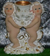 ANCIEN SUJET BOUGEOIR PORTE BOUGIE CHERUBIN ANGE EN BISCUIT PORCELAINE