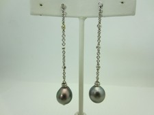 14k or Blanc 12 Mm. Perle Noire et Diamant Long Pendantes Oreilles 70 Mm. 7cm