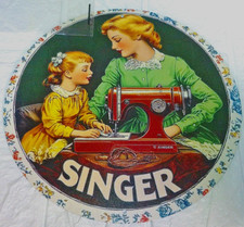 Plaque Métal Tôlée Vintage 20X20  RONDE  PUBLICITE  MACHINE A COUDRE SINGER