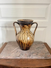 Ancien Vase Amphore Anse Grès Pyrite Vernis Emaillée Coulure Marron