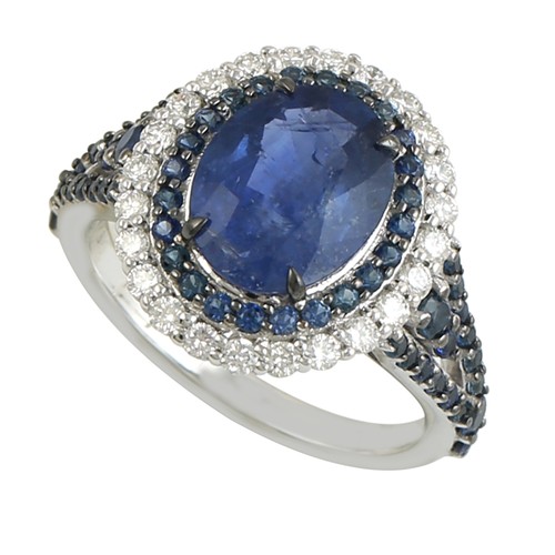 Bague halo saphir bleu - , et