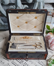 ANCIEN COFFRET MARQUETE BOITE BOIS PALISSANDRE COUTURE BIJOUX 19EME